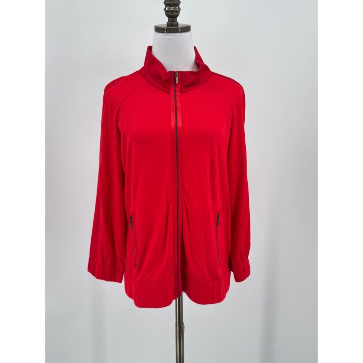St. John Red Silk Striped Collar Full Zip Long Sleeve Track Jacket Sz M New